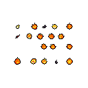 A grid of vibrant, animated pixel art explosions bursts to life against a stark black background. The sprites showcase fiery bursts of yellow, orange, and red, evoking dynamic action and visual effects. These building blocks of digital animation offer a glimpse into the energetic world of video game design.