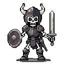 A stoic skeletal warrior stands ready for battle in this pixel art image, its grim expression and dark armor hinting at a fantasy realm. The simplified style gives this undead knight a nostalgic charm, like a classic video game sprite.