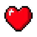 This pixel art image features a vibrant red heart, rendered in classic 8-bit style, representing health or life in retro video games. A single white pixel highlight adds a glossy touch to the iconic symbol.