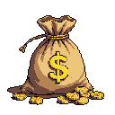 This pixel art depicts a plump money bag overflowing with golden coins, emblazoned with a bright dollar sign. The image exudes prosperity and evokes classic video game rewards with its warm color palette and retro aesthetic.