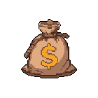 This pixel art depicts a plump, brown money bag bursting with cash, signified by a vibrant gold dollar sign. The iconic design evokes themes of wealth and reward, perfect for a game or digital interface.