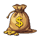 This pixel art depicts a large money bag overflowing with wealth, symbolized by scattered gold coins and a prominent dollar sign. The classic style and warm color palette evoke a sense of treasure and prosperity.
