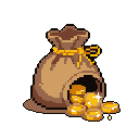 A pixel art money bag spills its golden contents, creating a scene of classic wealth and abundance. The detailed shading and sparkling coins evoke a sense of reward and prosperity.
