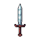 This pixel art sword, rendered in cool blues and warm reds, exudes quiet power and a classic fantasy vibe. The detailed blade and hilt stand out against the stark black backdrop, evoking a sense of readiness and nostalgic charm.