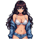 This pixel art portrait features a confident woman in a denim jacket and white bra, her light blue eyes captivating against a stark black background. Her relaxed pose and direct gaze create a casual yet alluring vibe, blending nostalgic style with modern sensibility.