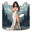 A confident woman in a flowing white gown stands in a misty forest, her elegant appearance hinting at hidden power as she holds a mysterious dark accessory.