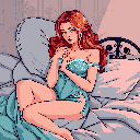 A pixel art portrait captures a confident young woman reclining in bed, her auburn hair and light blue nightgown rendered in soft, nostalgic detail. Her challenging yet inviting gaze and relaxed pose create an intimate and tranquil atmosphere.