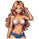 This pixel art portrait captures a confident woman in casual summer attire, her bright blue eyes and playful pose radiating a relaxed, alluring vibe. The detailed shading and skillful use of anti-aliasing bring depth and life to the figure against a dark background.