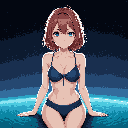 A serene pixel art portrait features a woman in a dark blue bikini, gazing calmly forward with striking blue eyes. Emerging from deep blue water, her reddish-brown hair and soft expression evoke a peaceful and contemplative mood.
