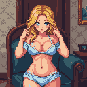 This pixel art image features a blonde woman in light blue lingerie, seated in an intimate setting and captured in a suggestive pose. The style evokes a retro charm, focusing on the character's allure against a backdrop of warm, muted tones.