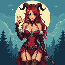 A captivating succubus-like figure with fiery red hair and striking teal eyes holds a glowing orb in this detailed pixel art portrait. Adorned with horns and a festive, gothic-inspired outfit, she exudes a mystical allure against the backdrop of a pale moonlit forest.