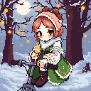 A young anime-style character kneels in a snowy forest, gently holding a small, unicycle-like vehicle while a tiny flame flickers in her hand. Her warm attire and focused gaze offer a touch of serenity amidst the winter night.