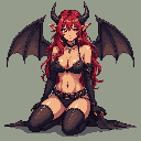 A kneeling succubus with red hair and eyes gives a gentle, alluring look in this pixel art portrait. Her dark wings, horns, and lingerie contrast with her warm skin tones against a solid background. The image evokes a mischievous yet tranquil fantasy vibe.