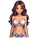 This pixel art portrait features a smiling woman with dark hair, wearing a white bikini top and denim shorts. The warm color palette and direct gaze create a friendly and inviting character, reminiscent of a dating sim sprite.