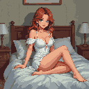 A pixel art image captures a relaxed auburn-haired woman in a delicate nightgown, leaning back on her bed with a coy expression. The soft lighting and muted colors create an intimate and peaceful bedroom scene.