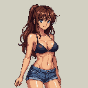 This pixel art portrait features a friendly and confident woman with striking blue eyes, denim shorts, and a hint of allure. Her warm, earthy tones and detailed rendering create a polished and inviting aesthetic.