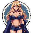 This pixel art portrait features a smiling, blonde-haired elven woman in striking blue attire. Her exposed midriff and the blue moon behind her head evoke a fantasy vibe.