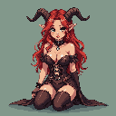 A melancholic succubus with flowing red hair kneels in contemplation, her soulful gaze and detailed rendering creating a captivating pixel art portrait. The vibrant colors of her hair contrast with the earthy tones of her outfit, lending an ethereal and gothic allure.