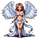 This pixel art depicts a serene, angelic woman with flowing brown hair, feathered wings in shades of white and blue, and a delicate white outfit adorned with blue jewels. Her gentle expression and elegant design create an ethereal and graceful image.