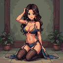 A pixel art woman kneels, her teal lingerie and striking blue eyes drawing the viewer in with a soft, inviting gaze. She rests a hand on her head, her posture suggestive and relaxed within a simple indoor setting.
