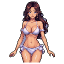This pixel art bust features a beautiful, curvy woman in a pale bikini, her serene expression and cascading dark hair creating a calming yet alluring portrait. Subtle details like her jewelry and the bikini's ruffles add a touch of elegance to this nostalgic style.