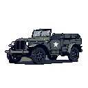 A pixel art rendition of a WWII-era military jeep, complete with the iconic white star, stands ready for action. The detailed design and muted colors evoke a sense of historical nostalgia and retro gaming aesthetics.