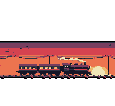A pixel art steam train chugs along the tracks during a vibrant sunset (or sunrise). The warm color palette and silhouetted telegraph poles evoke a nostalgic and peaceful journey.