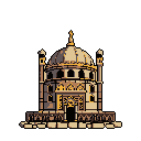 This pixel art showcases a majestic, gold-toned temple or mausoleum with a prominent dome and intricate architectural details, rendered against a stark black background. The low-resolution style adds to the solemn and mysterious vibe of the grand structure.