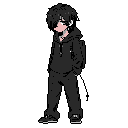 A pixel art image shows a melancholic young man in all-black streetwear, head downcast and mostly obscured by shadow. The minimalist design and dark color palette emphasize the character's introspective and somber mood.