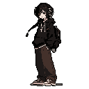 A pixel art image depicts a young, casually dressed character with headphones and a cross pendant, standing with a slightly detached air. The limited color palette and minimalist style evoke a sense of introspection and urban solitude.