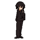This pixel art depicts a slender, dark-haired character in an oversized hoodie, striking a thoughtful pose against a black background. The minimalist style and muted color palette create an introspective and slightly melancholic mood.