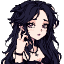 This pixel art portrait captures a melancholic young woman with striking dark hair and delicate jewelry, her pensive expression hinting at introspection. The limited, somber color palette emphasizes her emotional state in a "gothic cute" style.