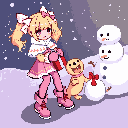 A pixelated blonde girl in pink winter attire holds a candy cane while her small, orange companion admires a tiny snowman with a red bow, all set against a snowy twilight sky.