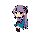 This pixel art depicts a cute, chibi girl with lavender hair and golden eyes, seated against a black backdrop, her shy expression and cozy scarf evoking a gentle, introspective mood.