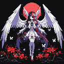 A melancholic, winged figure with a haunting gaze stands before a blood-red sun, surrounded by vibrant red spider lilies. This striking pixel art evokes a somber dark fantasy with its high-contrast palette and ethereal subject.