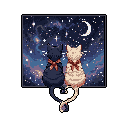Two pixelated cats, adorned with matching red-orange bows and tails intertwined in a heart shape, sit side-by-side, captivated by a stunning, star-filled night sky.