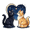 Two pixelated cats, one black and one orange tabby, share a quiet moment of connection silhouetted against a heart-shaped starry sky.
