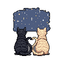 Two pixelated cats, one black and one beige tabby, sit side-by-side, their tails forming a subtle heart shape as they gaze up at a pixelated starry night. This charming pixel art evokes a sense of peaceful companionship and wonder.