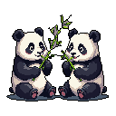 Two mirrored pixel art pandas sit contentedly, each nibbling on a bamboo stalk with rosy cheeks and happy smiles. The symmetrical composition and charming style create an endearing and peaceful scene.