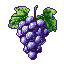 This pixel art showcases a vibrant bunch of grapes with detailed shading and glistening highlights, complete with leafy green accents. The rich purples and greens pop against the stark black background, creating a fresh and appealing image.