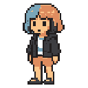 This pixel art portrait features a quirky character with split-colored blue and orange hair, wearing a dark gray hoodie and striped shirt. The simple design and muted color palette evoke a retro video game sprite.