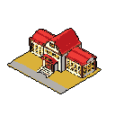 This pixel art depicts a detailed, isometric view of a charming two-story building with striking red roofs, evoking a nostalgic, retro-gaming aesthetic. The building, possibly a house or public space, stands alone against a stark black background, emphasizing its detailed architecture.