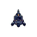 A solitary, dark grey spacecraft hovers in the void, its retro pixel art style accentuated by bright orange and yellow details. This symmetrical craft, possibly a futuristic vehicle or weapon, evokes a sense of technical solitude.