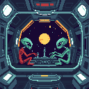 In a retro-style pixel art scene, a red and a green alien are locked in a captivating chess match inside their spaceship. The whimsical image depicts this cosmic duo enjoying a classic human pastime against the backdrop of a vibrant orange planet.