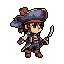 This pixel art depicts a chibi pirate or adventurer, ready for action with a small knife in hand. The stylized character, adorned with a plumed hat and dark coat, exudes a quirky and slightly mysterious vibe.