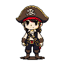 This pixel art features a charming chibi pirate with classic attire, complete with a tricorn hat, eye patch, and red bandana, ready for adventure. The character's cute design and detailed outfit bring a sense of innocent charm to the swashbuckling theme.