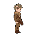 A melancholic, anime-inspired character rendered in muted browns stands in profile, his layered clothing and subtle details hinting at a paused adventure. The pixel art style evokes a sense of nostalgia and quiet contemplation.