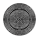 This pixel art image features a mesmerizing, abstract pattern of concentric black and white circles. The minimalist, monochromatic design creates a high-contrast, hypnotic effect with a retro digital aesthetic.