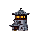 A pixel art image shows a solitary, multi-story Japanese-style tower with a rugged stone base and a refined wooden upper story, its illuminated windows hinting at warmth and mystery. The tower's elaborate roof and warm light sources stand out against the stark background, evoking a sense of ancient tranquility.