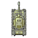 This pixel art showcases a top-down view of a tan and grey tank, rendered in a classic, retro style. The detailed, yet simple, design focuses solely on the mechanical form against a stark black background, evoking a utilitarian feel.